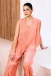 Shop_Lavanya Ahuja_Peach Lace Fabric Wavy Asymmetrical Panelled Tunic With Pant 