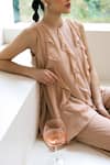 Buy_Lavanya Ahuja_Beige Organza Embroidery Lace Round Sand Asymmetrical Frills Tunic With Pant 