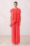 Buy_Lavanya Ahuja_Red Georgette Round Coral Asymmetrical Frills Embroidered Tunic With Pant _at_Aza_Fashions