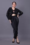 Buy_That Thing You Love_Black Satin Embroidery Beads Round Jacket With Draped Skirt _at_Aza_Fashions