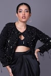 Buy_That Thing You Love_Black Satin Embroidery Beads Round Jacket With Draped Skirt _Online_at_Aza_Fashions