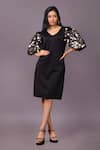 Buy_That Thing You Love_Black Scuba Embroidery Sequins V-neck Puff Sleeve Dress _at_Aza_Fashions