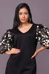 That Thing You Love_Black Scuba Embroidery Sequins V-neck Puff Sleeve Dress _Online_at_Aza_Fashions