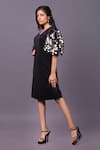 Buy_That Thing You Love_Black Scuba Embroidery Sequins V-neck Puff Sleeve Dress _Online_at_Aza_Fashions