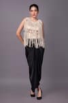 Buy_That Thing You Love_Beige Satin Embroidery Tassels Round Sleeveless Top With Draped Skirt _at_Aza_Fashions