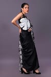 Shop_That Thing You Love_Black Satin Embroidery Beads Floral Print Waistcoat Saree With Draped Skirt _at_Aza_Fashions