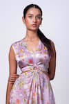 That Thing You Love_Purple Satin Printed Scribble Floral V-neck D Ring Dress _Online_at_Aza_Fashions