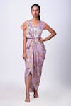 Buy_That Thing You Love_Purple Satin Printed Scribble Floral V-neck Draped Dress _at_Aza_Fashions