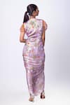 Shop_That Thing You Love_Purple Satin Printed Scribble Floral V-neck Draped Dress _at_Aza_Fashions