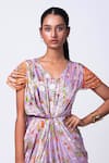 That Thing You Love_Purple Satin Printed Scribble Floral V-neck Draped Dress _Online_at_Aza_Fashions