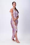 Buy_That Thing You Love_Purple Satin Printed Scribble Floral V-neck Draped Dress _Online_at_Aza_Fashions