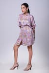 That Thing You Love_Purple Satin Printed Scribble Floral Collar Draped Shirt Dress _Online_at_Aza_Fashions