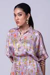 Buy_That Thing You Love_Purple Satin Printed Scribble Floral Collar Draped Shirt Dress _Online_at_Aza_Fashions