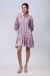 Buy_That Thing You Love_Purple Satin Printed Scribble Floral Mandarin Lace Dress _at_Aza_Fashions