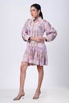 Buy_That Thing You Love_Purple Satin Printed Scribble Floral Mandarin Lace Dress _Online_at_Aza_Fashions