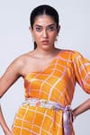 That Thing You Love_Orange Satin Printed Scribble Check One-shoulder One Dress _Online_at_Aza_Fashions