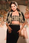 Shop_Masaba_Black Moss Crepe Embroidery Floral Jacket Open Neck The Jugnu And Skirt Set _at_Aza_Fashions