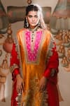 Shop_Masaba_Orange Heavy Raw Silk Embroidery Sequin Notched V The Kesari Kurta And Salwar Set _at_Aza_Fashions