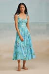 THE IASO_Blue Self Jacquard Printed Floral Sweetheart Ines Midi Dress _Online_at_Aza_Fashions