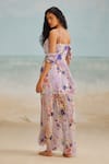 Shop_THE IASO_Purple Chiffon Printed Floral Square Neckline Cold Shoulder Dress _at_Aza_Fashions