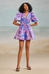 Buy_THE IASO_Purple Cotton Satin Printed Blossom V Neck Kay Short Dress _at_Aza_Fashions