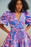 Buy_THE IASO_Purple Cotton Satin Printed Blossom V Neck Kay Short Dress _Online_at_Aza_Fashions