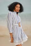 Buy_THE IASO_White Self Cotton Jacquard Printed Stripe Collared Tate Dress With Belt _Online_at_Aza_Fashions