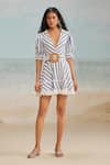 THE IASO_White Self Cotton Jacquard Printed Stripe Collared Tate Short Dress _Online_at_Aza_Fashions