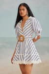 Buy_THE IASO_White Self Cotton Jacquard Printed Stripe Collared Tate Short Dress _Online_at_Aza_Fashions