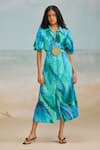 Buy_THE IASO_Blue Self Jacquard Printed Tropical Collared Darla Feather Shirt Dress _at_Aza_Fashions