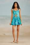 Buy_THE IASO_Blue Self Jacquard Printed Tropical Darla Feather Corset Mini Dress With Belt _at_Aza_Fashions