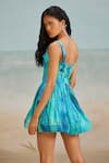 Shop_THE IASO_Blue Self Jacquard Printed Tropical Darla Feather Corset Mini Dress With Belt _at_Aza_Fashions