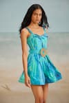 THE IASO_Blue Self Jacquard Printed Tropical Darla Feather Corset Mini Dress With Belt _Online_at_Aza_Fashions