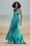 Buy_THE IASO_Blue Chiffon Printed Tropical One Shoulder Darla Feather Gathered Dress _at_Aza_Fashions