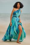 THE IASO_Blue Chiffon Printed Tropical One Shoulder Darla Feather Gathered Dress _Online_at_Aza_Fashions