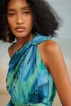 Buy_THE IASO_Blue Chiffon Printed Tropical One Shoulder Darla Feather Gathered Dress _Online_at_Aza_Fashions