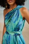 Shop_THE IASO_Blue Chiffon Printed Tropical One Shoulder Darla Feather Gathered Dress _Online_at_Aza_Fashions