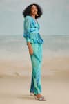 Buy_THE IASO_Blue Chiffon Printed Tropical V-neck Darla Feather Top _Online_at_Aza_Fashions