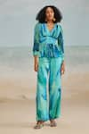 Buy_THE IASO_Blue Chiffon Printed Tropical Darla Feather Fit And Flare Pant _at_Aza_Fashions