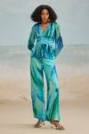 Buy_THE IASO_Blue Chiffon Printed Tropical Darla Feather Fit And Flare Pant _Online_at_Aza_Fashions