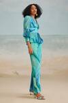 Shop_THE IASO_Blue Chiffon Printed Tropical Darla Feather Fit And Flare Pant _Online_at_Aza_Fashions