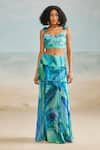 Shop_THE IASO_Blue Viscose Crinkle Chiffon Printed Tropical Darla Feather Layered Skirt _Online_at_Aza_Fashions