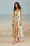 THE IASO_White Cotton Canvas Printed Floral Deep Plunge Pono Midi Dress _Online_at_Aza_Fashions