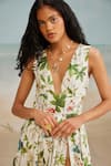 Shop_THE IASO_White Cotton Canvas Printed Floral Deep Plunge Pono Midi Dress _Online_at_Aza_Fashions