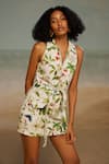 THE IASO_White Cotton Canvas Printed Floral Collared Pono Mini Dress With Belt _Online_at_Aza_Fashions