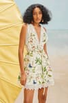 Buy_THE IASO_White Cotton Canvas Printed Floral V-neck Pono Short Dress With Belt _at_Aza_Fashions