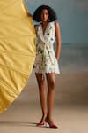 THE IASO_White Cotton Canvas Printed Floral V-neck Pono Short Dress With Belt _Online_at_Aza_Fashions