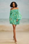 Buy_THE IASO_Green Chiffon Printed Floral Off Shoulder Mele Dress With Belt _at_Aza_Fashions