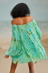 Shop_THE IASO_Green Chiffon Printed Floral Off Shoulder Mele Dress With Belt _at_Aza_Fashions