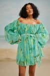 THE IASO_Green Chiffon Printed Floral Off Shoulder Mele Dress With Belt _at_Aza_Fashions